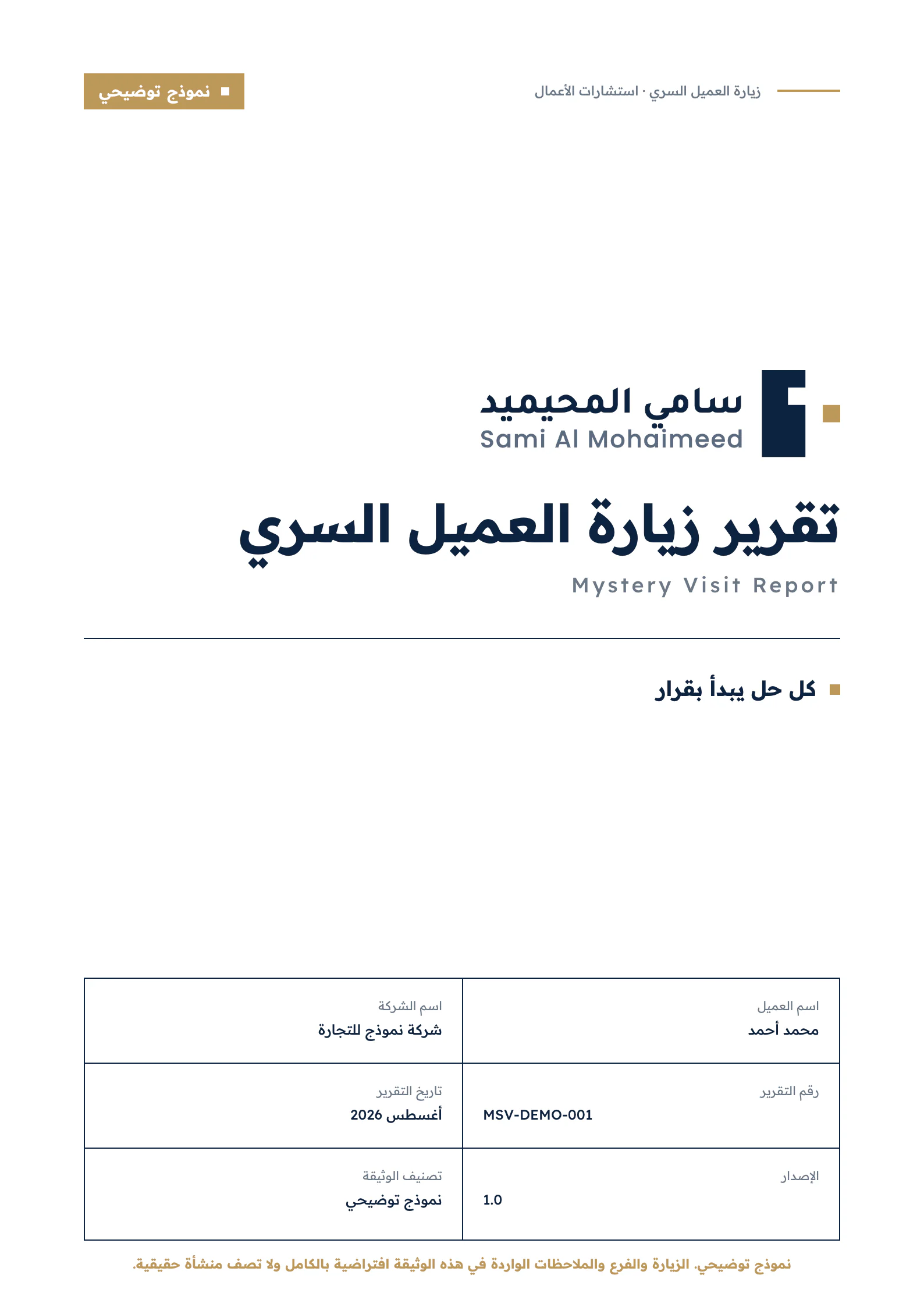 الغلاف التجريبي لتقرير زيارة العميل السري. الزيارة والمنشأة افتراضيتان بالكامل.